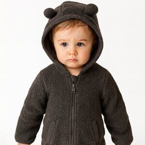 Old Navy Sherpa Bear Zip Up Hoodie Jacket Brown Toddler 3T